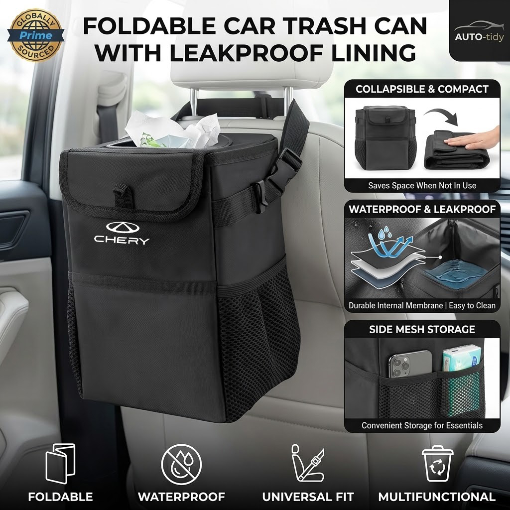 Waterproof Car Trash Can With Lid - 折りたたみ式で持ち運び可能な、漏れ防止・防水機能付きの蓋が付いた大容量の車載用ゴミ箱。Chery Tiggo 3、4、5、7 Pro、8 Plus、Arrizo 7、GX、5xに対応。