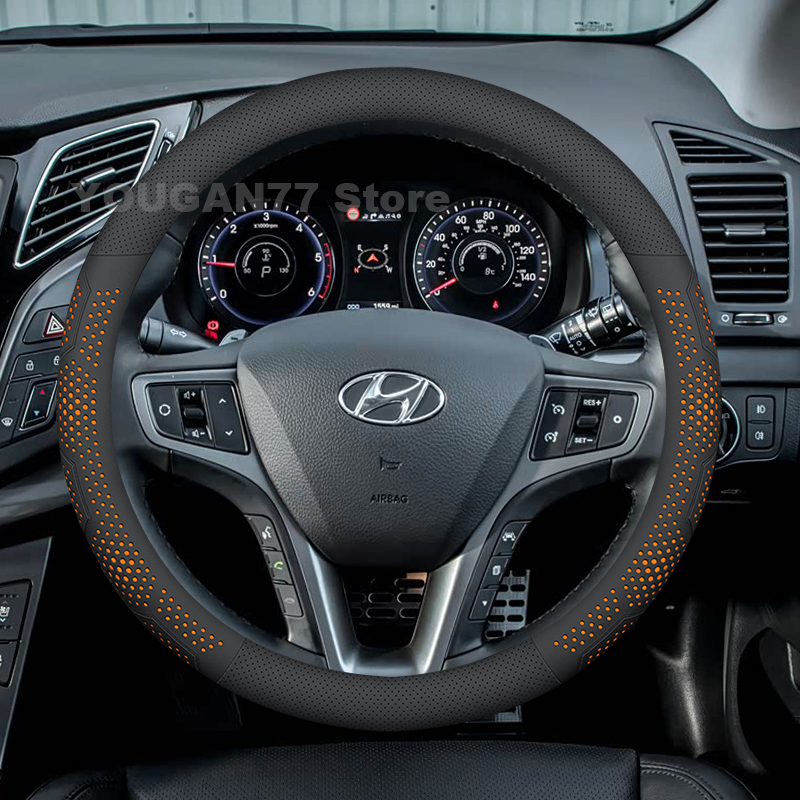 Car Steering Wheel Cover Anti Slip Breathable - ヒュンダイI40ツアラー、I10、I20、Nライン（2012年～2024年）用、レザー製ステアリングホイールカバー。ヒュンダイI40用アクセサリー。