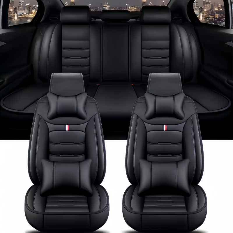Leather Car Seat Covers Full Set Universal - シートカバー PUレザー 車用シートカバー シンプル 枕付き フルセット
