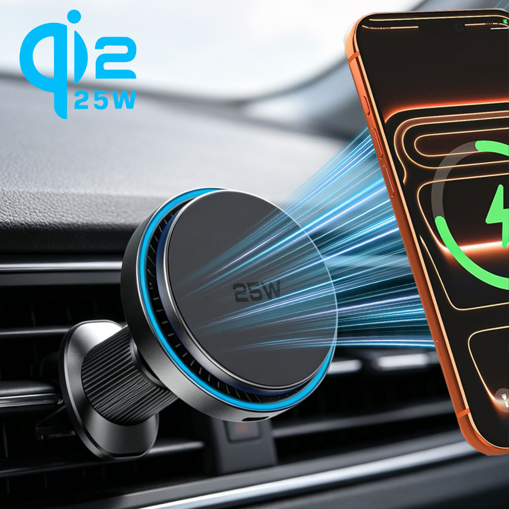 Magnetic Phone Holder For Car Vent - MagSafe対応 iPhone 17、16、15、14、13、12 Pro Max用、車載用25W磁力ワイヤレス充電器。エアコン吹き出し口に取り付け可能なスマートフォンホルダー、急速充電ステーション。