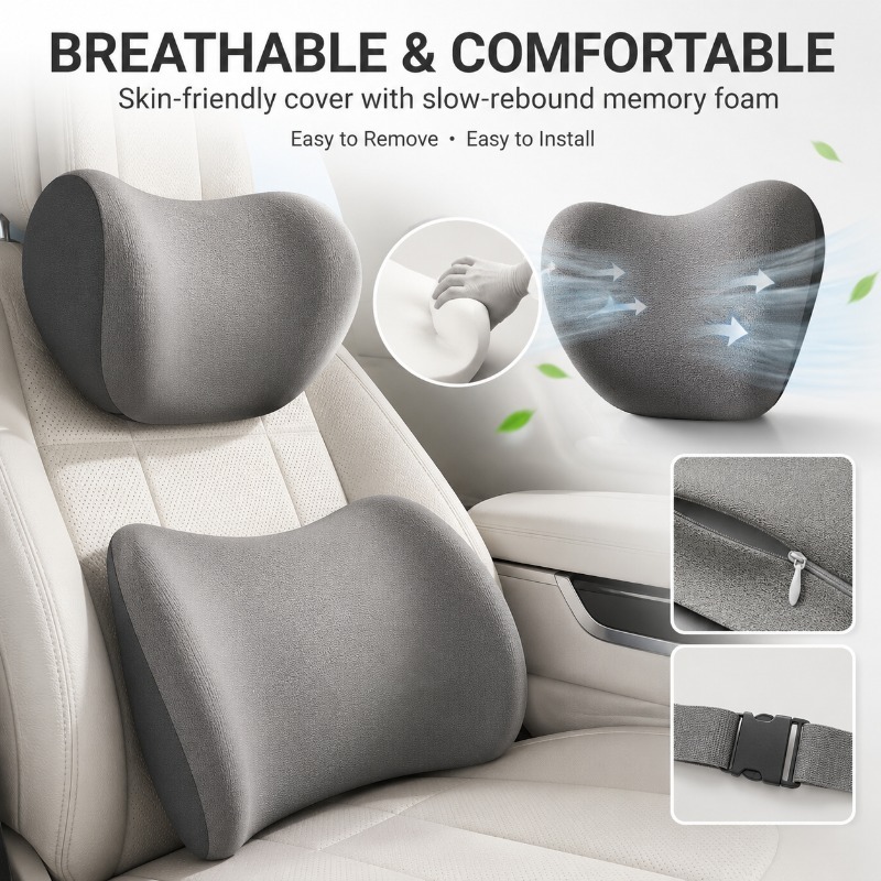 車用ヘッドレストネックピローとランバーサポートクッションセッ - Memory Foam Car Neck Pillow Lumbar Support のレビューと価格