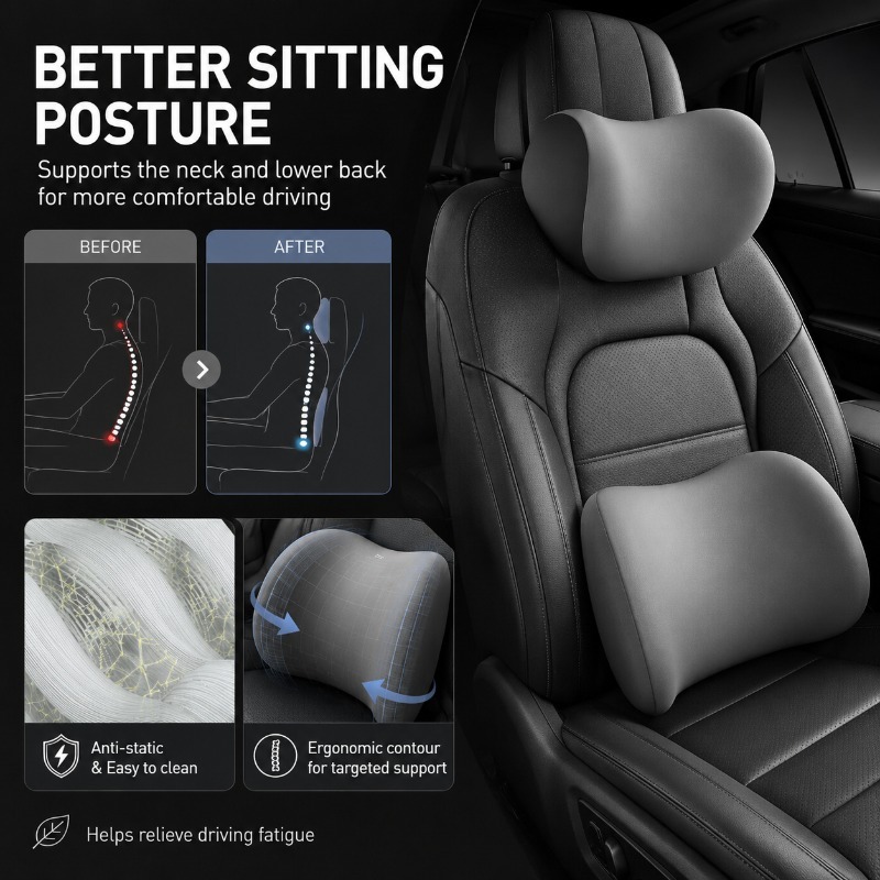 車用ヘッドレストネックピローとランバーサポートクッションセッ - Memory Foam Car Neck Pillow Lumbar Support のレビューと価格